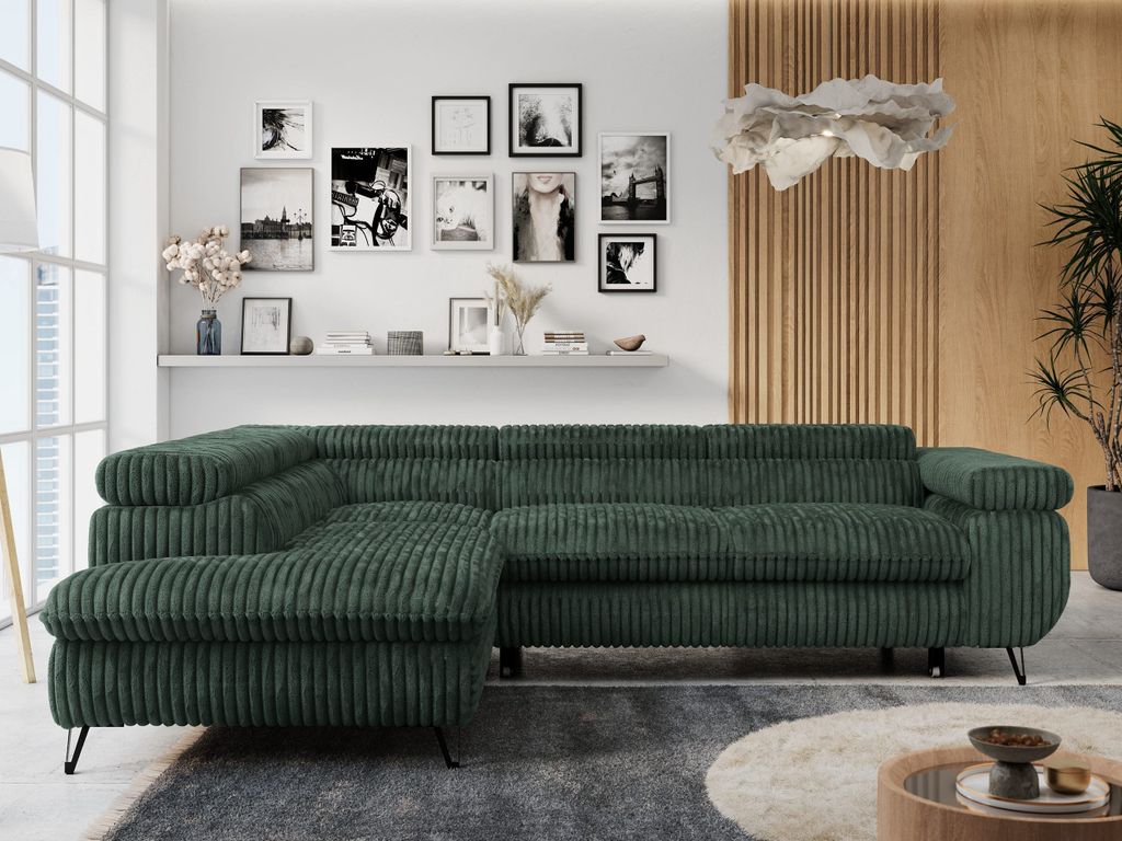 ecksofa sofa grün, wohnlandschaft l-form mit schlaffunktion und bettkasten,  schlafsofa mit bettkasten, sofa mit einstellbare kopfstützen, peter l -
