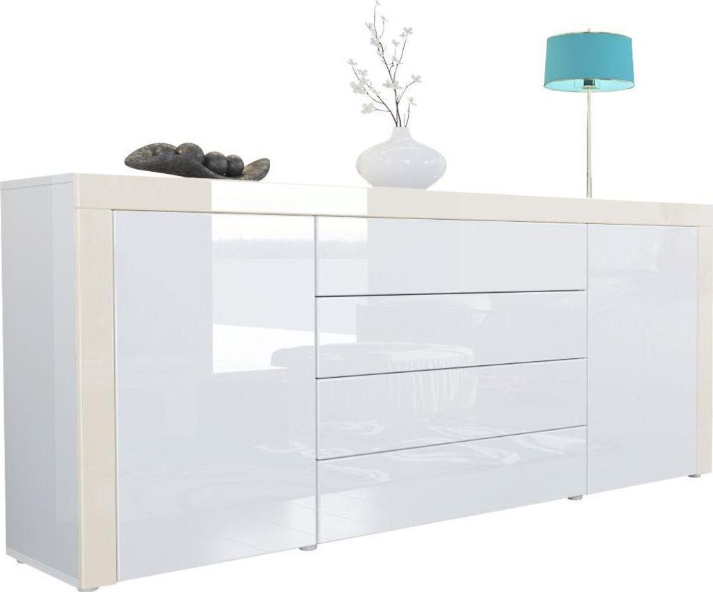 Vladon Sideboard Kommode La Paz, Germany, Korpus in Weiß Hochglanz / Front in Weiß Hochglanz mit Rahmen in Creme Hochglanz