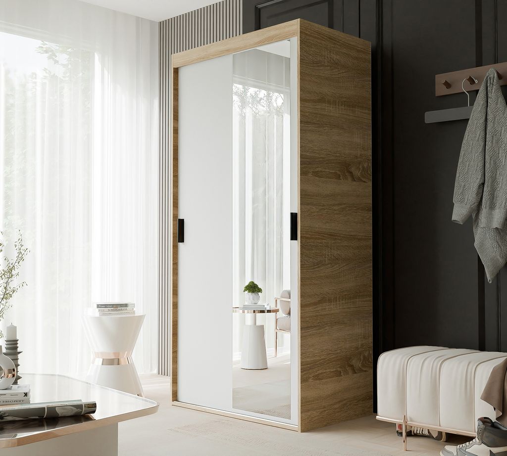 IDOHOME-Schiebetürenschrank mit Spiegel Kleiderschrank LUNA 100 cm mit Regalen und Kleiderstangen Schrank Garderobe Sonoma Weiß schwarze Griffe