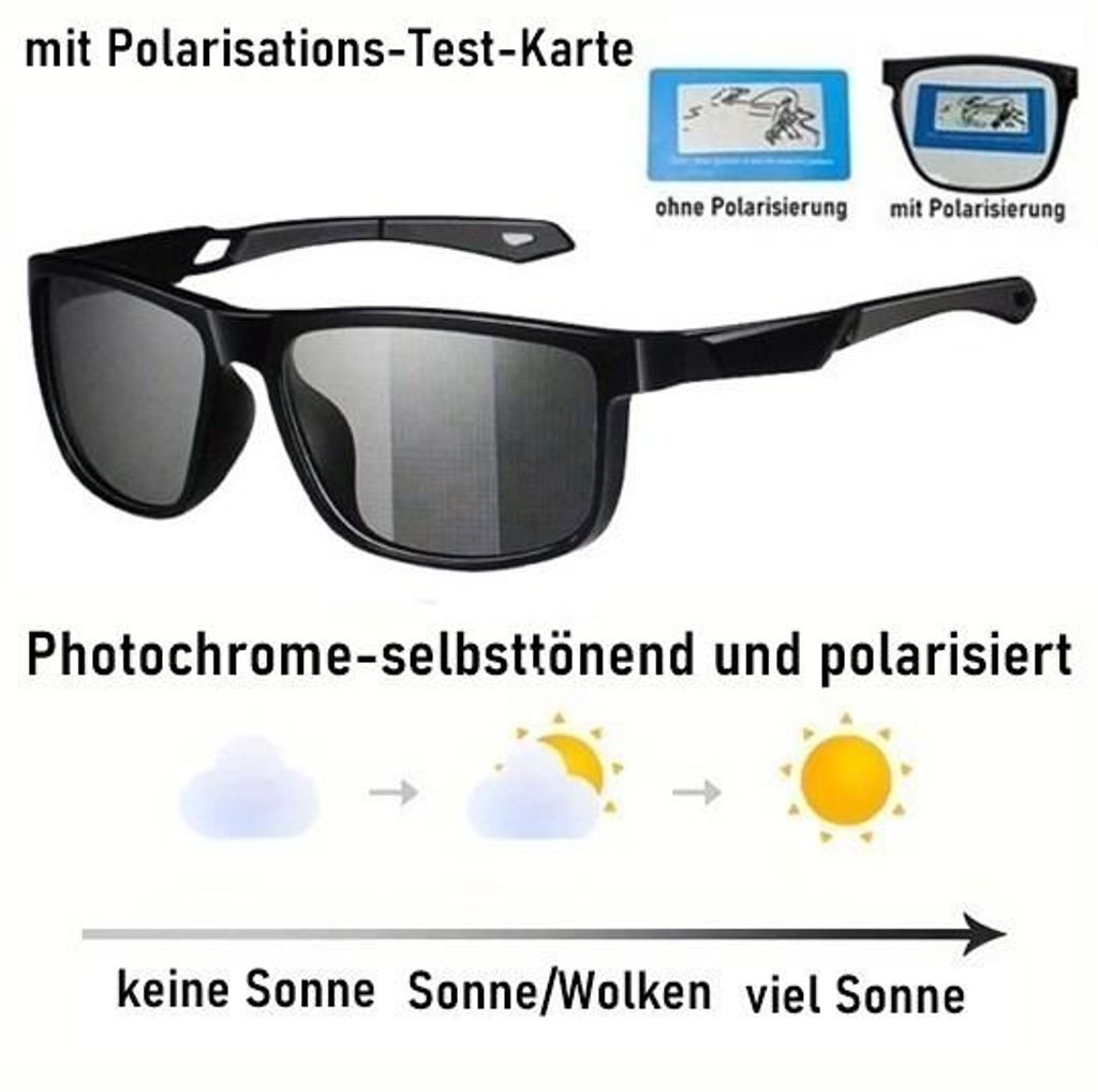 GKA Sonnenbrille Photochrom und echt polarisiert UV400 mit Tuch Hülle Testkarte für Damen und Herren selbsttönend