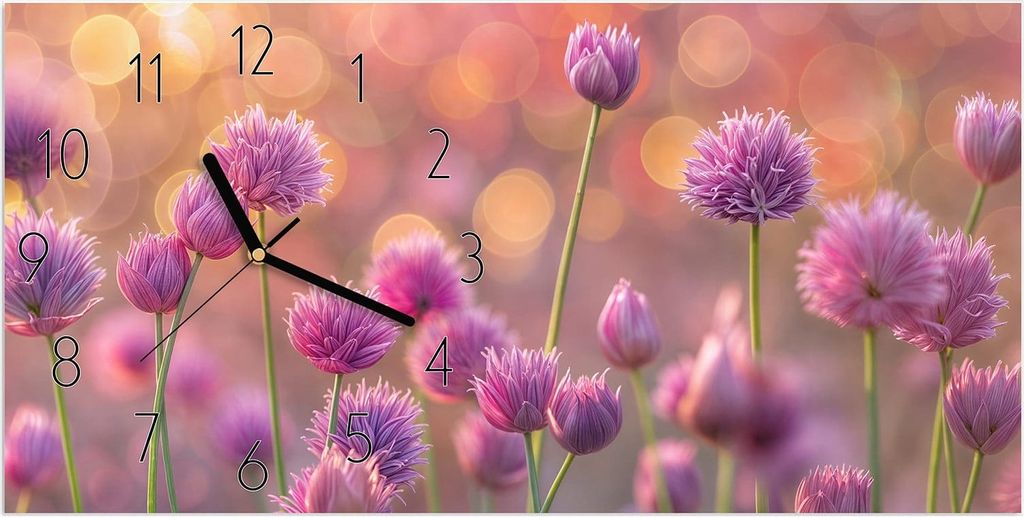 Wanduhr aus Glas mit Motiv Blühende Zierlauch- 60 x 30 cm - inkl. Aufhängesystem