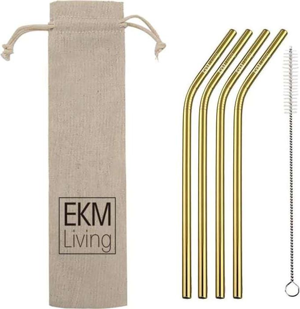 Edelstahl Strohhalme 4er Set Gold gebogen, Trinkhalme, bruchfest, wiederverwendbar, spülmaschinengeeignet, plastikfrei, von EKM Living GmbH