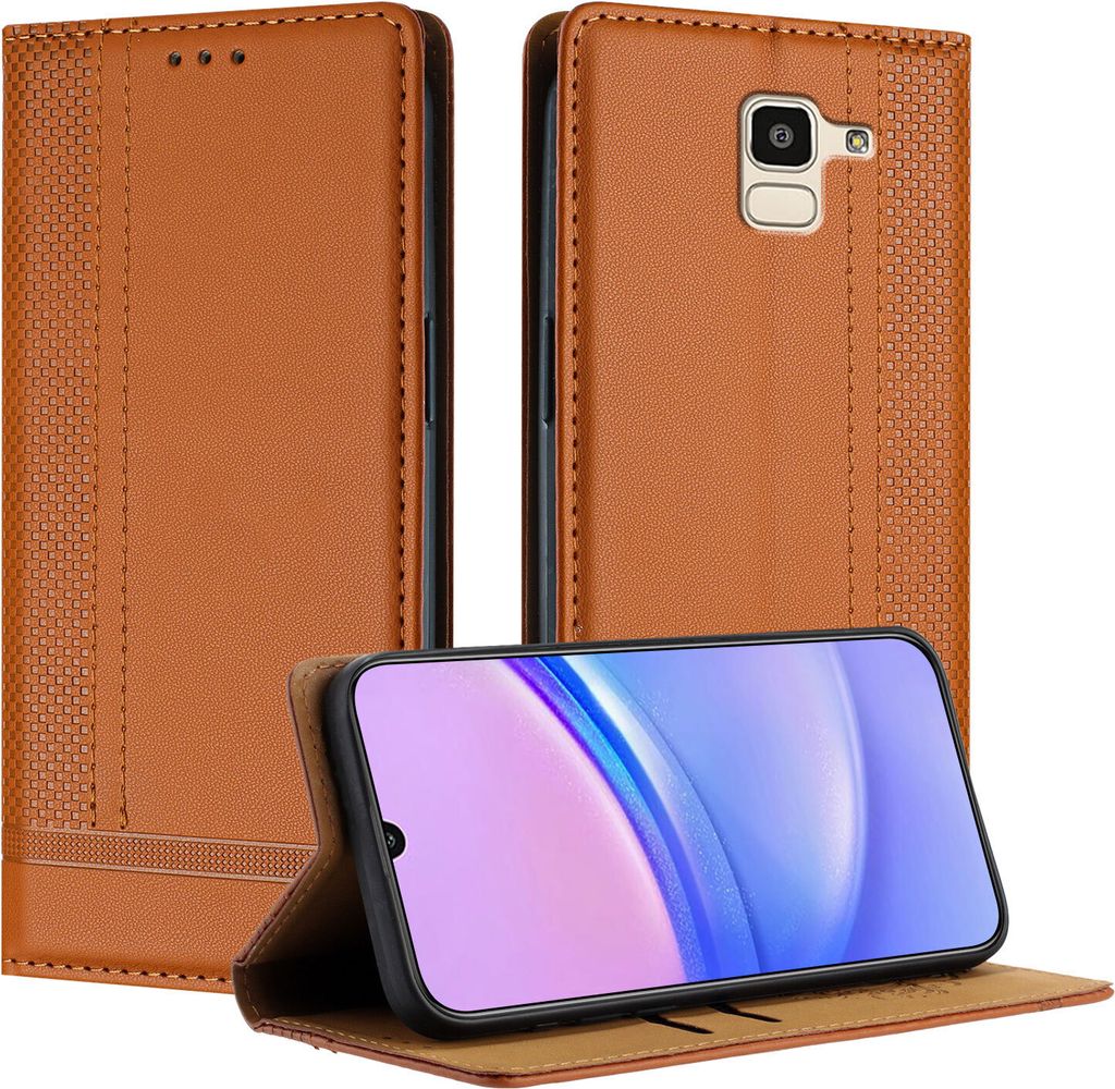 Handyhülle für Samsung Galaxy J6 2018 Leder Flip Klappbare Schutzhülle mit Standfunktion Braun
