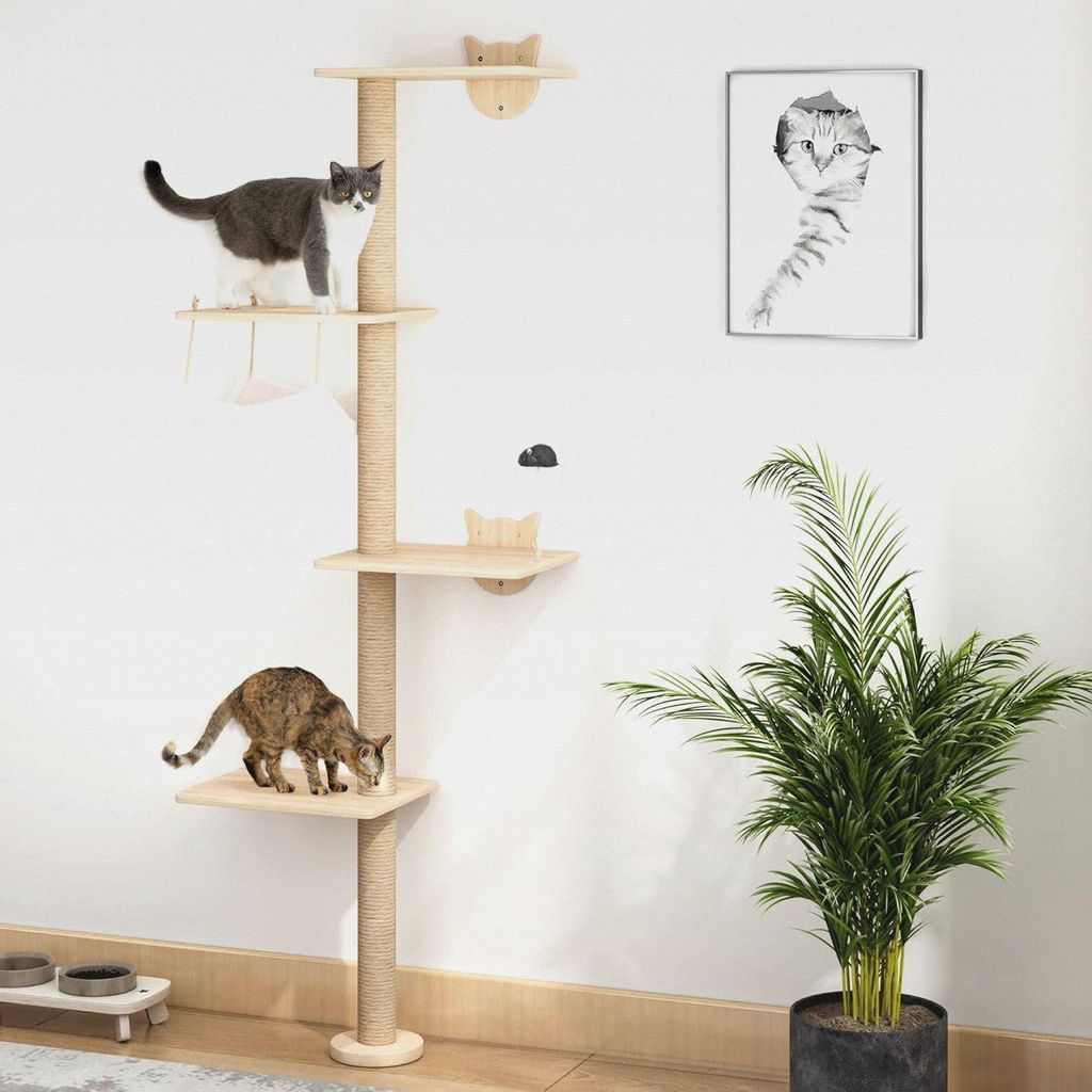 Kratzbaum für Katzen Wand Klettern 4 Etagen Katzenturm(176 cm) aus Natürliches Kiefernholz Katzenregal mit Hängematte und Sisal-Kratzmatte Feder...