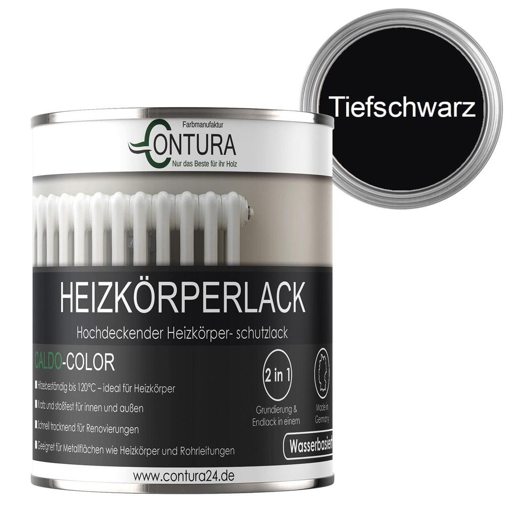 Contura 750ml Heizkörperlack Seidenmatt Heizungslack Heizkörperfarbe Heizung Farbe Radiator Metalllack - Tiefschwarz RAL 9005