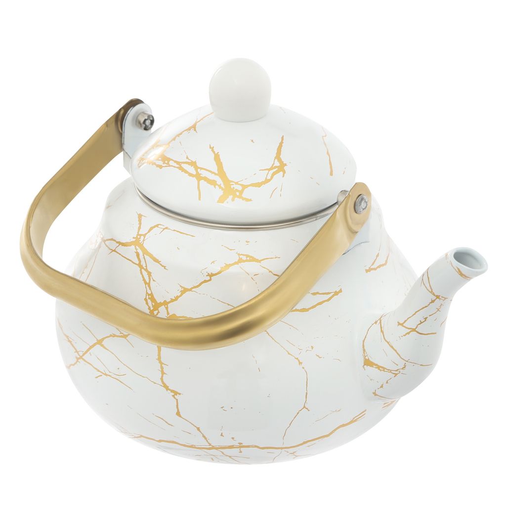 A white teapot with gold marbling and a gold handle, shown against a white background.