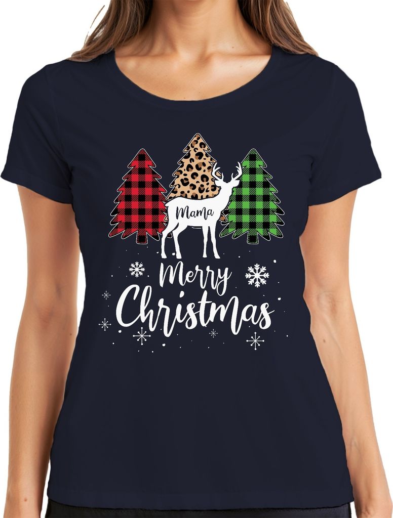 Merry Christmas Mama Rentier Kariert - Weihnachten Weihnachtsgeschenk Christmas Damen T-Shirt, Navy, XL