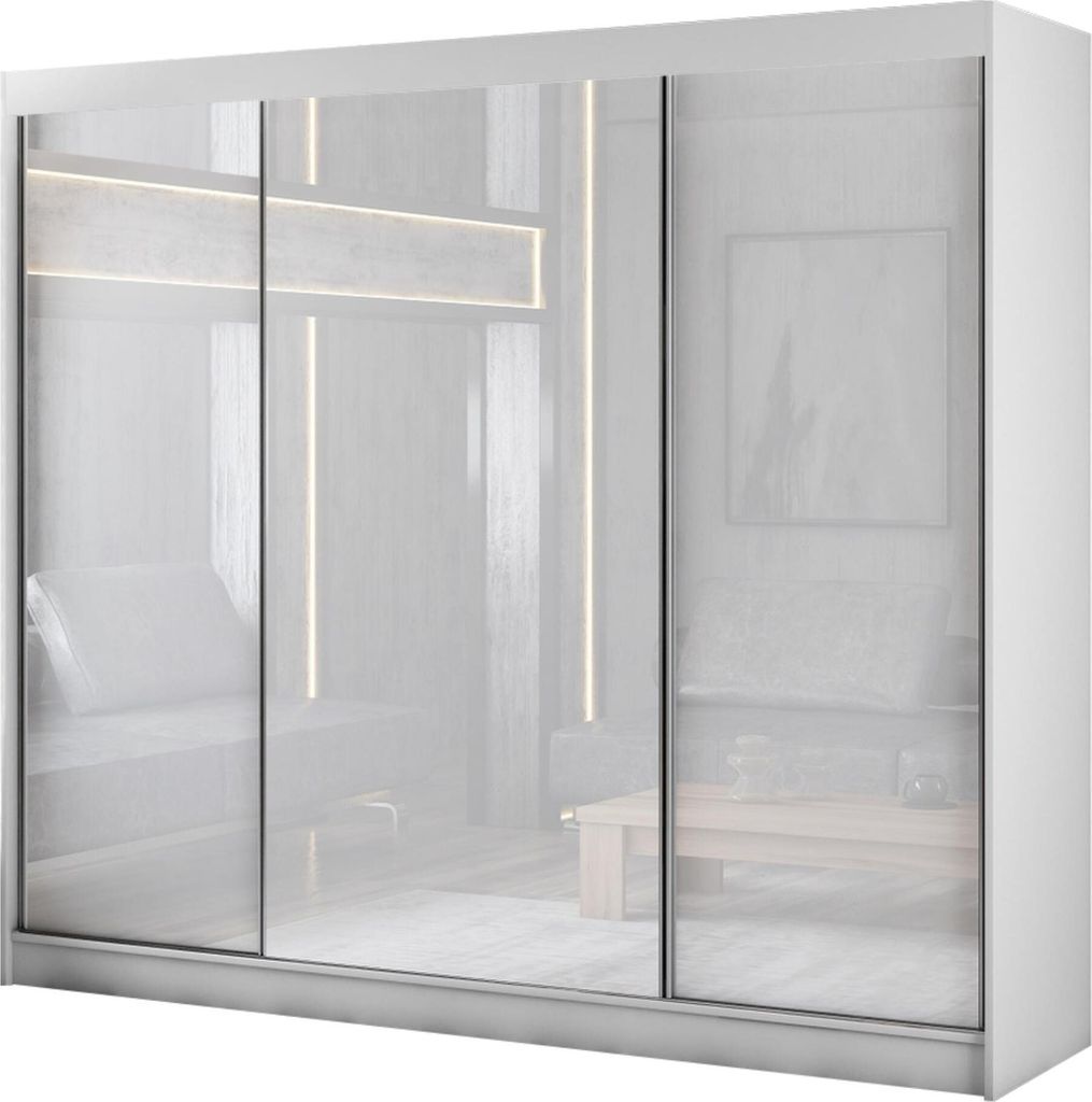 3-türig Kleiderschrank 250 cm Buenos moderne Garderobe mit Schiebtüren Hochglanz Schiebtürenschrank für Kleidung, Farbe: Weiß, lacobel weiß, ...