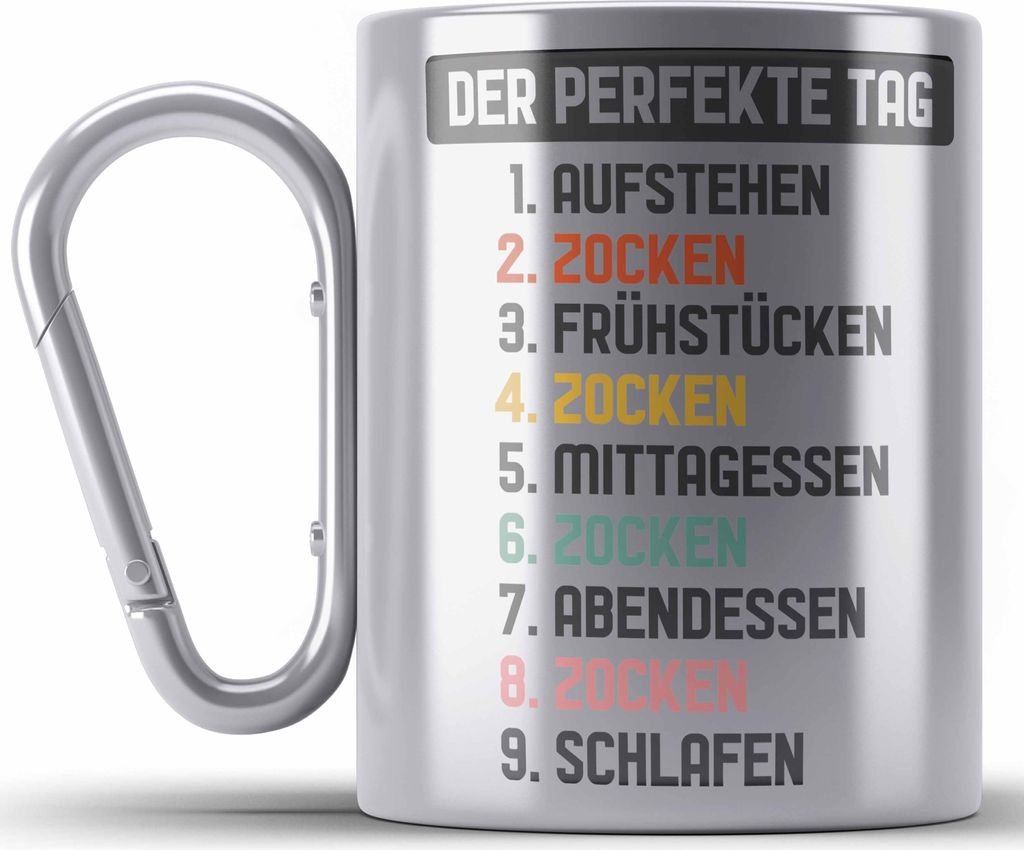 Trendation - Zocker Gamer Edelstahl Tasse Karabiner mit Spruch Geschenk Junge Jungs Gaming Karabiner Edelstahl Tasse Karabiner Edelstahl Der Perfek...