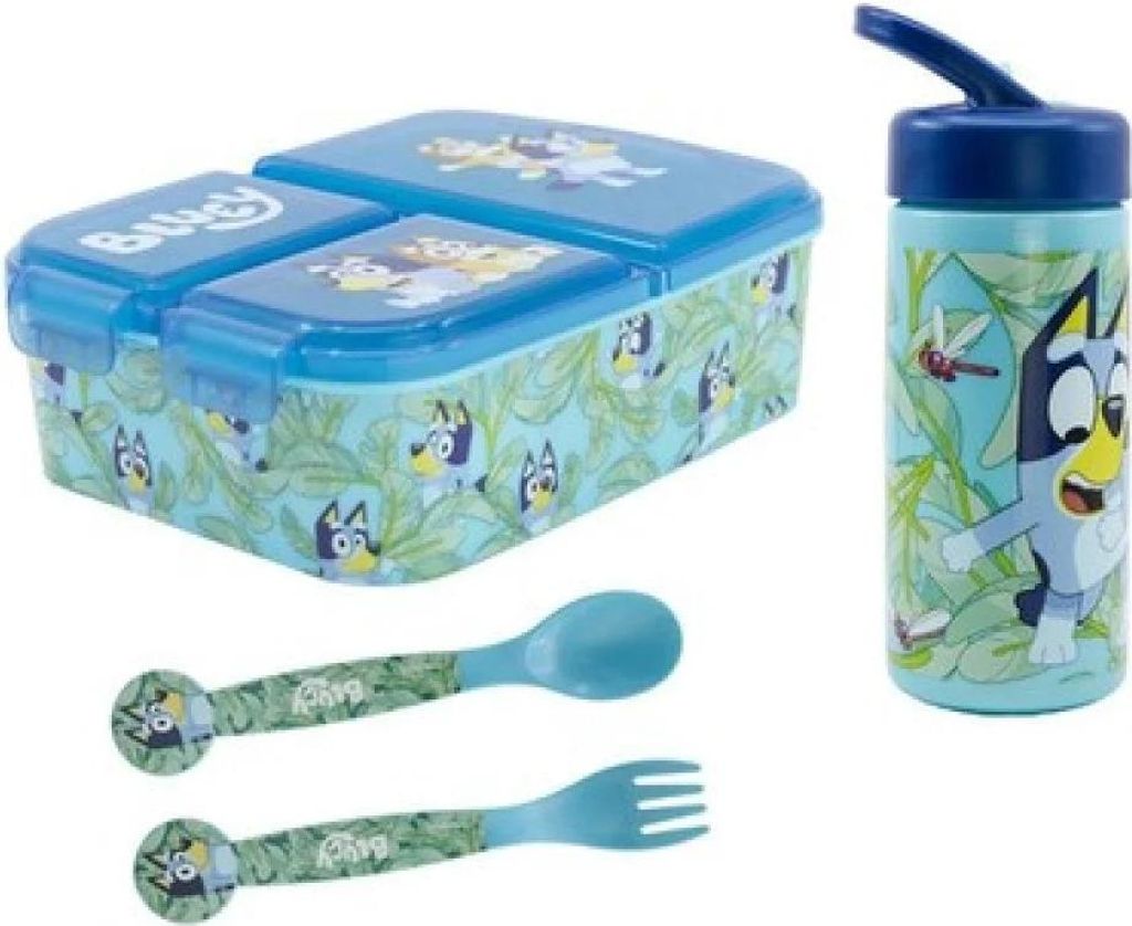 Bluey Bingo Kinder 4 teiliges Set Brotdose Trinkflasche Produktbild 