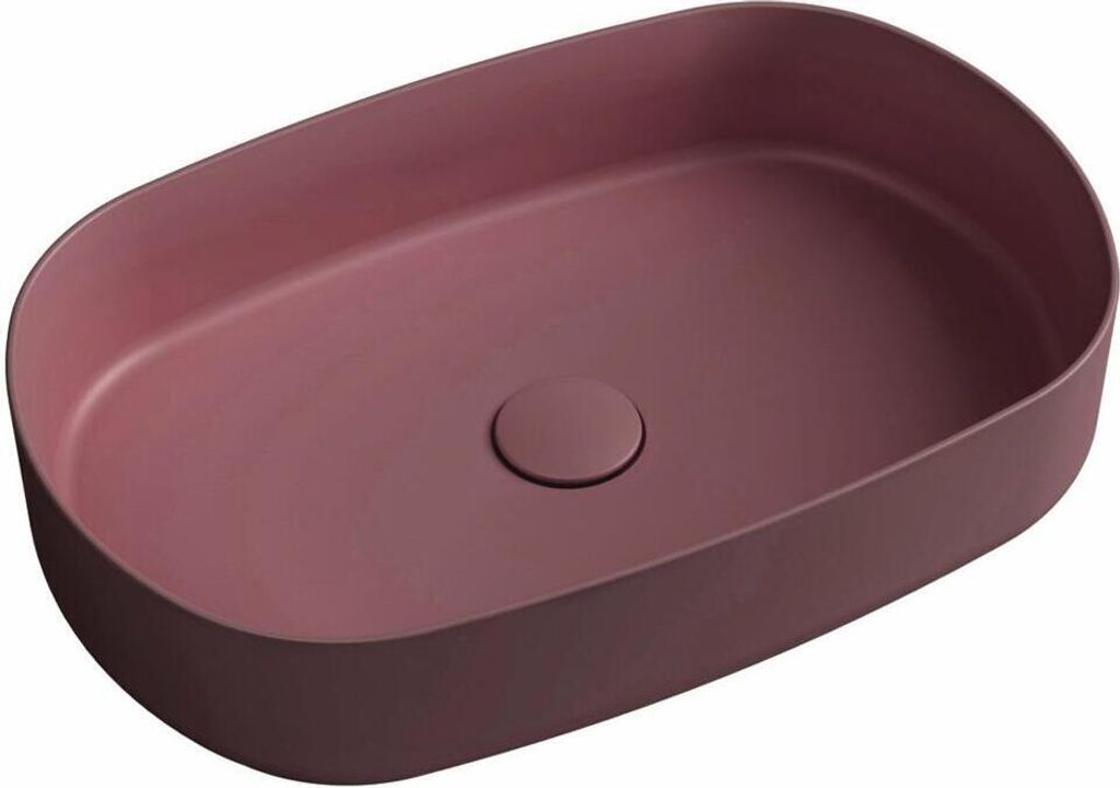A maroon red oval-shaped vessel sink with a matte finish is shown from a slightly elevated angle against a white background.