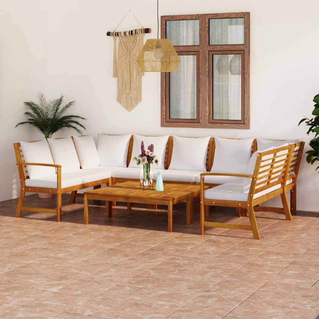 9-tlg. Garten-Lounge-Set mit Auflagen Creme Massivholz Akazie , Gartenmöbel-Sets Design 2024