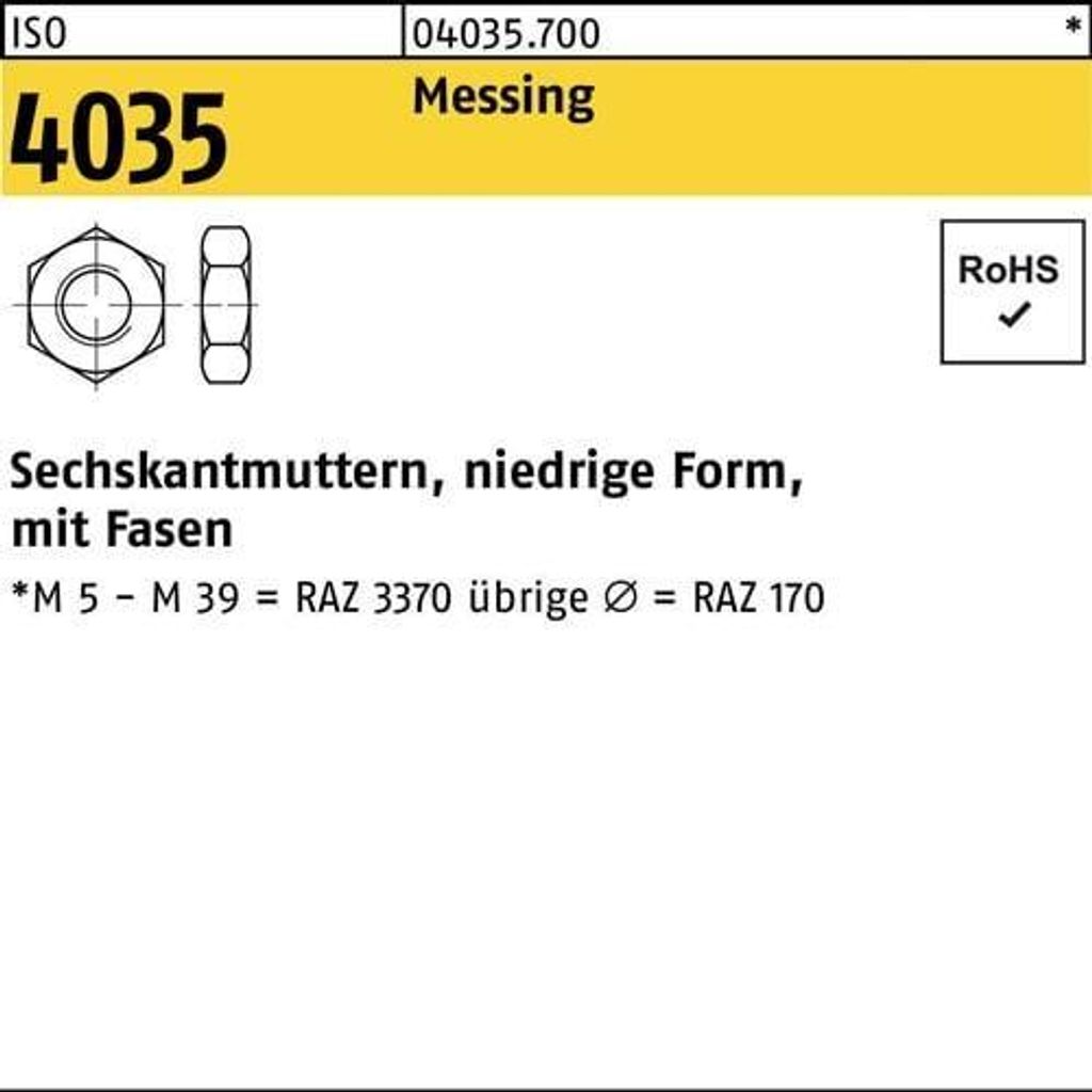 Reyher niedrige Sechskantmu. ISO 4035 Messing M 4 Ms (100 Stück)