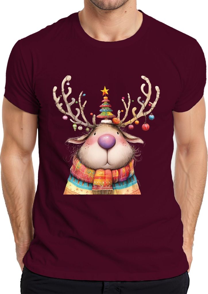 Niedliches Weihnachtsrentier rosa Nase bunter Schal Geschenk Herren T-Shirt, Burgundy, XL