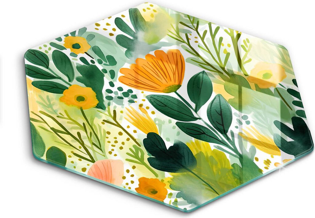 Glasschneideplatte - Herdabdeckplatte - Hexagon 40 cm -Schneidebrett - Spritzschutz - Bemalten Blumen