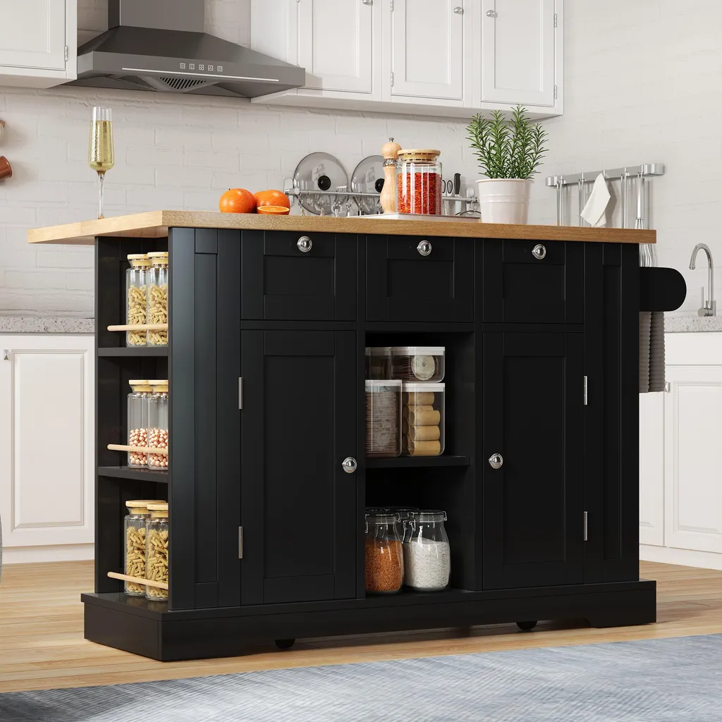 Table de Cuisine Mobile Rustique 132cm avec Prise et Plateau Rabattable
