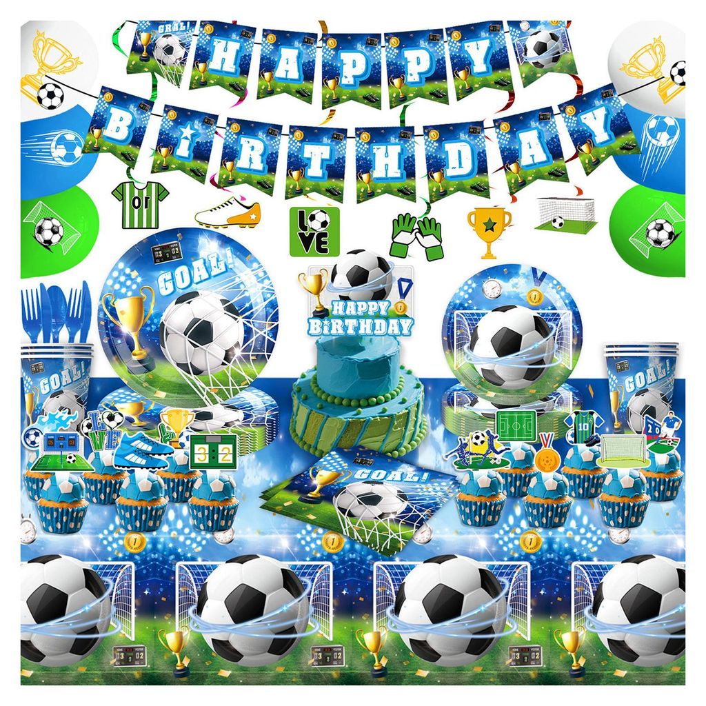 Fußball-Geburtstagsdeko-Set mit Tellern, Servietten, Bechern, Luftballons, Wimpelkette, Tischdecke – für drinnen und draußen