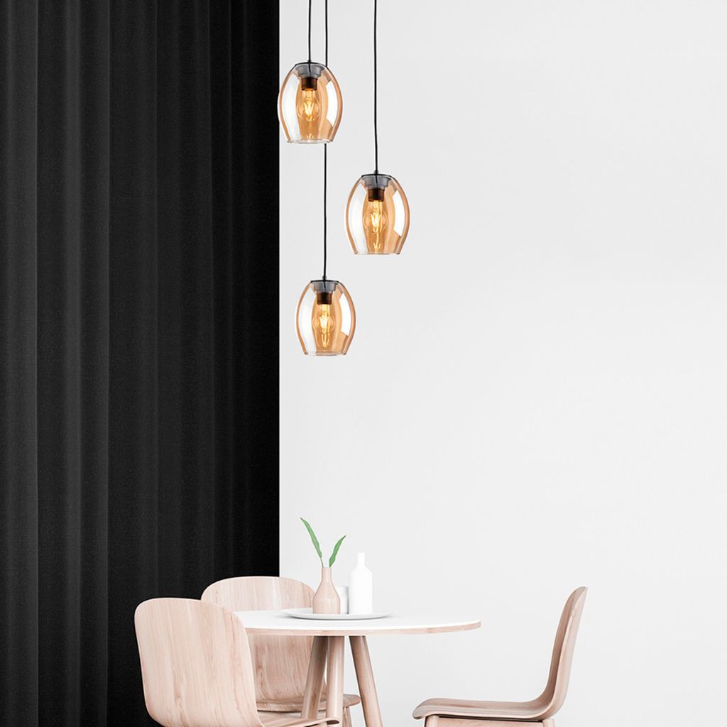 MeLiTec Pendelleuchte DP30, Hängeleuchte elegantes Amberglas, moderne Pendellampe 3-flammig, Hängelampe rund, Deckenlampe Wohnzimmer Esszimmer K...