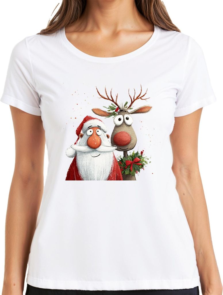 Weihnachtsmann Rudolph rote Nase niedlich Weihnachten Geschenk Damen T-Shirt, Weiß, M