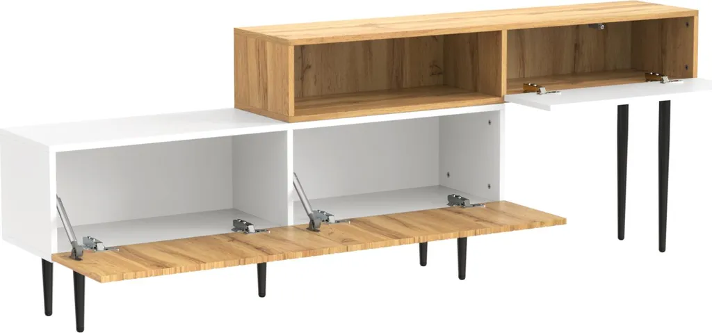 Meuble TV extensible pour petit salon, design modulable bois et blanc - 9