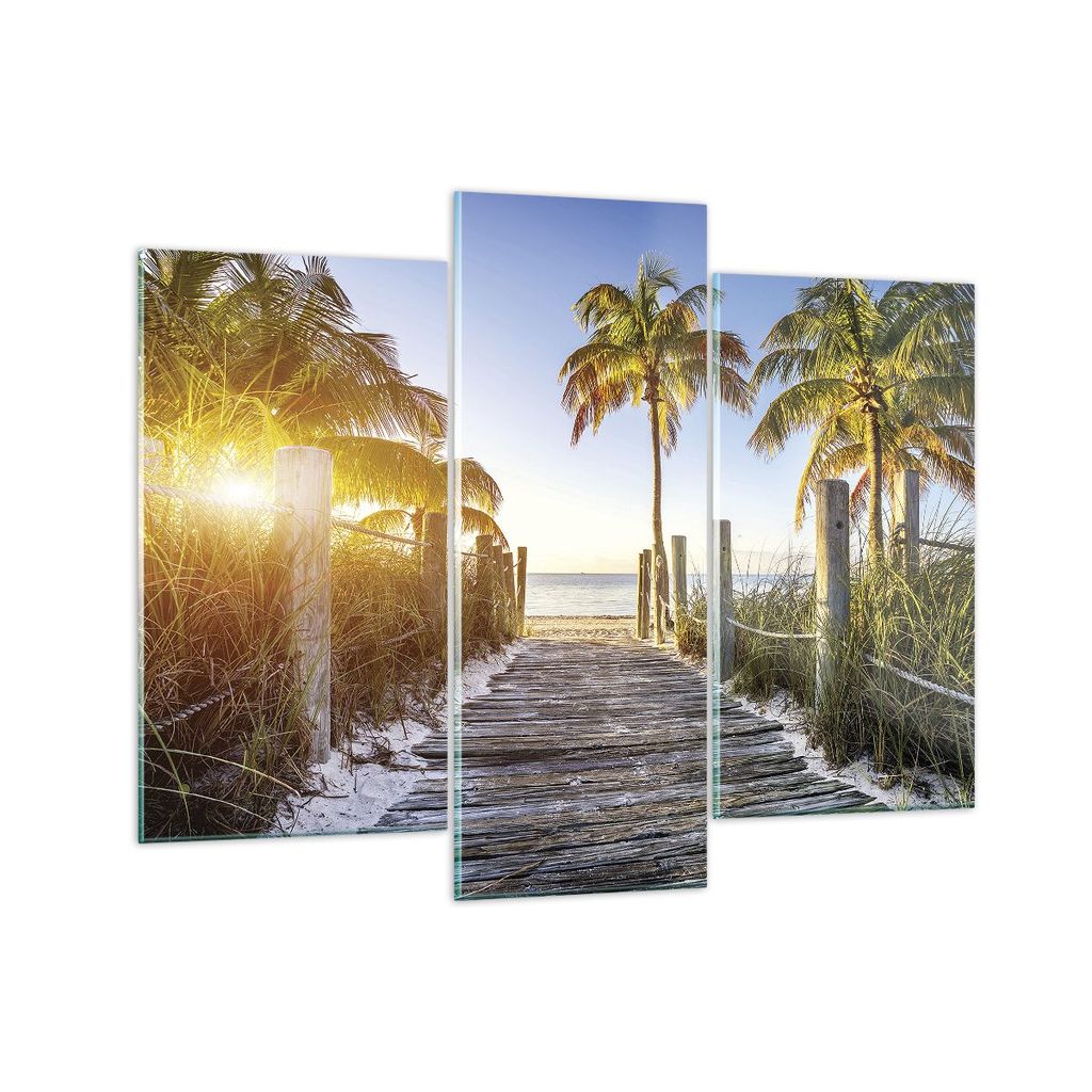 Bilder auf glas - 3 Teile - Strand Palmen Fußgängerbrücke - 130x100cm - Glasbilder - Wandbilder - Bilder - Wanddekoration aus Glas - Glas Bilder...