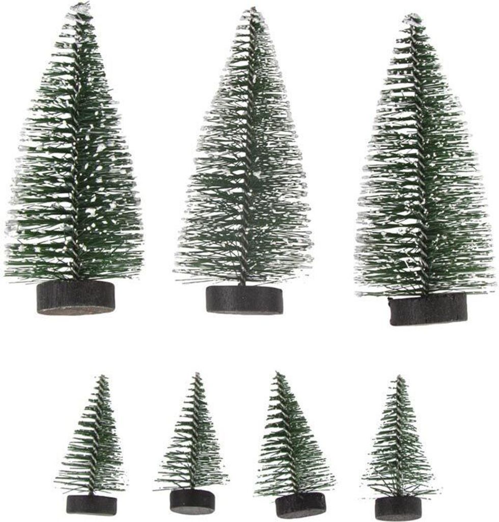 7 kleine schneebedeckte dekorative Tannenbäume 5 cm und 10 cm