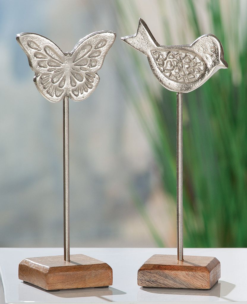 Gilde Standrelief, Schmetterling, Vogel, Aluminium, Mangoholz, silberfarben, L. 8 cm, B. 11 cm, H. 27 cm 43991 4063387439913 2 Stück (2-fach sorti...