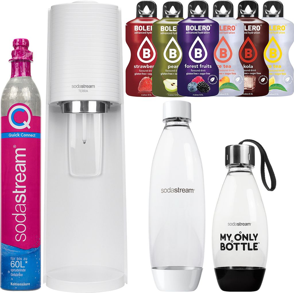 Sodastream Wassersprudler Terra Weiß mit 2 Flaschen Sirup Produktbild 