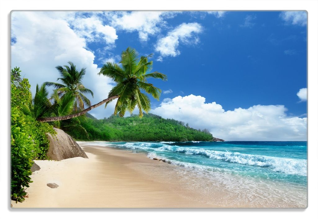 Wallario Frühstücksbrettchen aus Glas 20 x 30 cm mit rutschfesten Füßen, Motiv Urlaub auf den Seychellen unter Palmen am Sandstrand