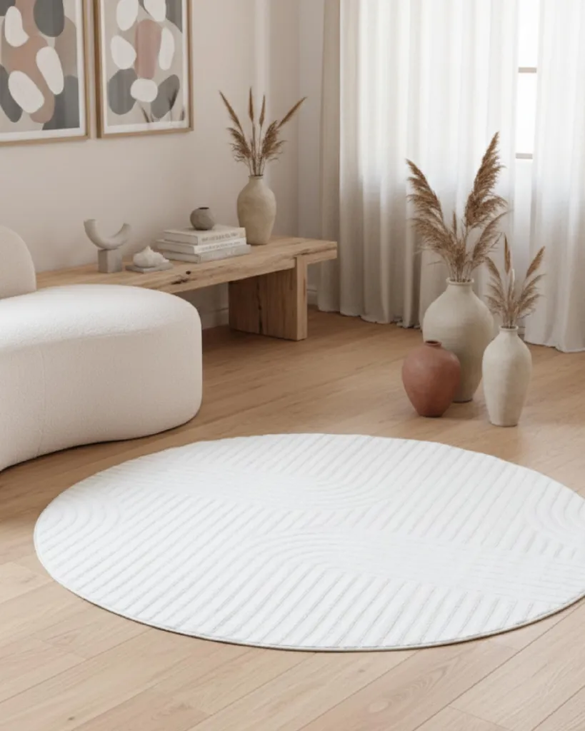 Tapis Blanc Rond 100cm Design HYGGE Soft Touch pour Décoration Moderne - 7