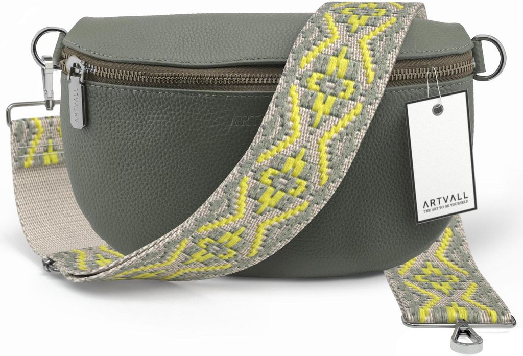 ARTVALL - Umhängetasche aus Leder, Klein mit verstellbarem Schultergurt, abnehmbares Taschenband, Crossbody Bag in Grün