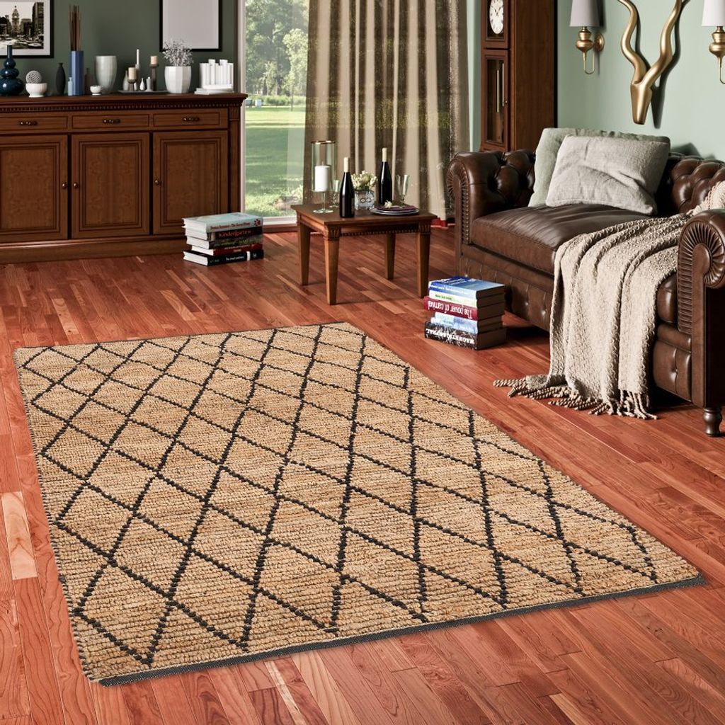 Naturfaser Teppich Handgefertigt Jute Salsa Beige Schwarz Rauten, Größe:160x230 cm