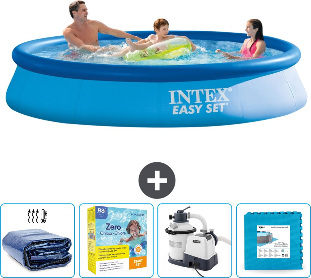 Intex runder aufblasbarer Easy-Set-Pool – 366 x 76 cm – Blau – im Lieferumfang enthalten Sonnensegel - Wartungspaket - Filterpumpe für Schwi...