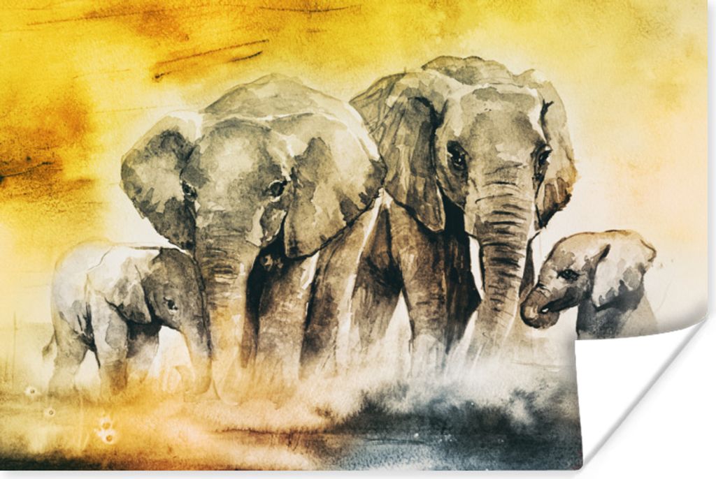 MuchoWow Poster Elefant - Aquarellfarbe - Familie 120x80 cm - Bilder
