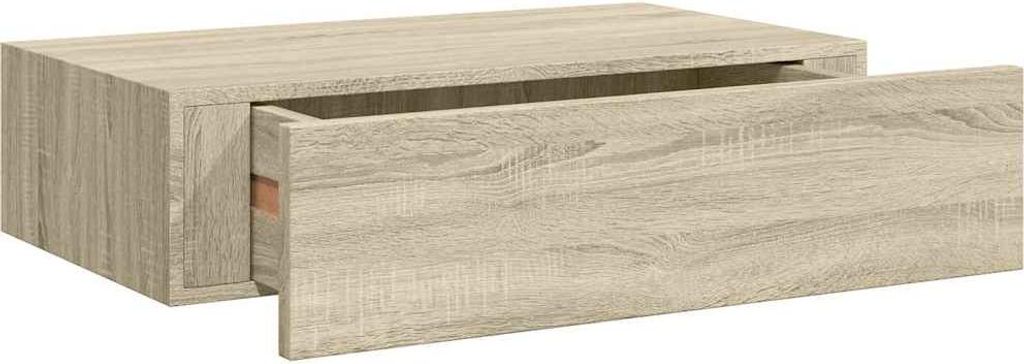 A floating shelf with an open drawer, made of wood-look MDF.