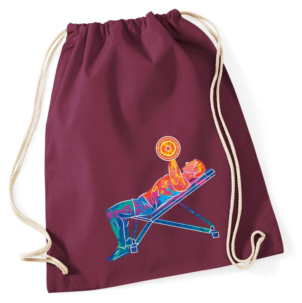 Huuraa Turnbeutel Fitness Training Bench Press bunte Silhouette 12 Liter Burgundy Baumwolle Rucksack Geschenkidee