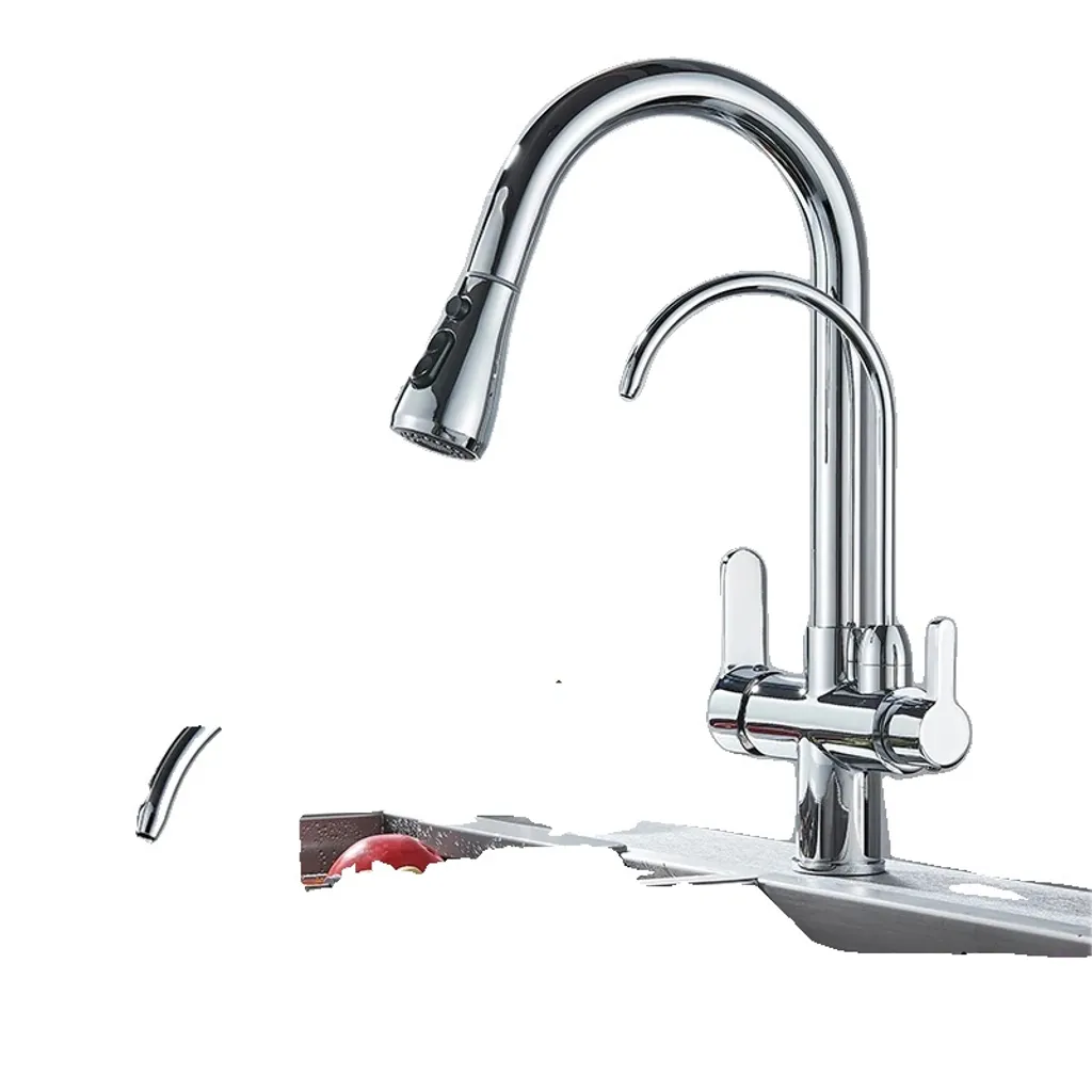 Rubinetto da cucina filtrato, acqua fredda e calda, funzione spray estraibile, cromo