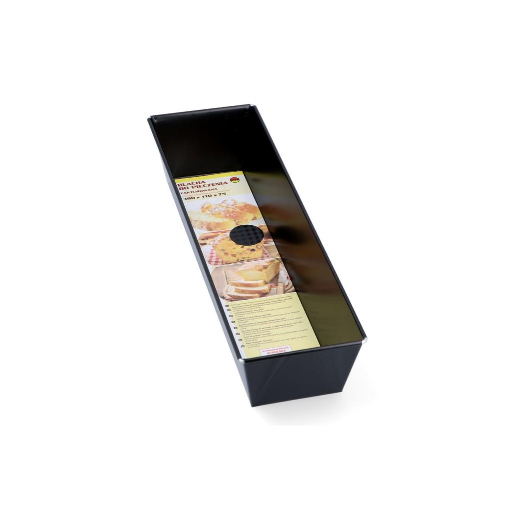 A black loaf pan with a product label attached.