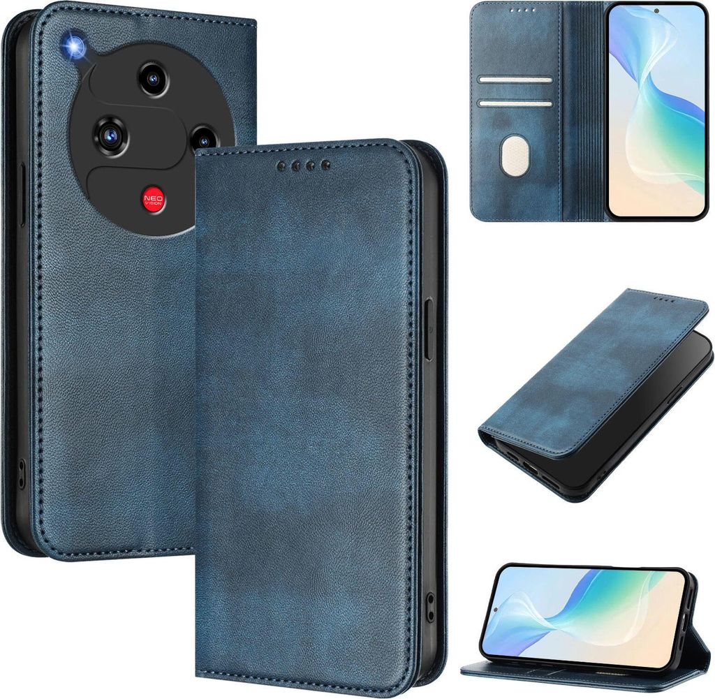 Handyhülle für ZTE Nubia Focus 2, Vintage Leder RFID Schutz Kartenfach Standfunktion Magnetische Klapphülle Blau