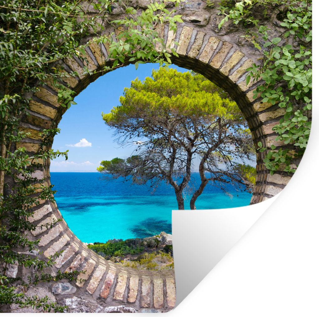 MuchoWow Wandtattoo Wandsticker Wandaufkleber Meer - Baum - Tropisch - Ausblick 50x50 cm Selbstklebend und Repositionierbar - Selbstklebend - Fot...