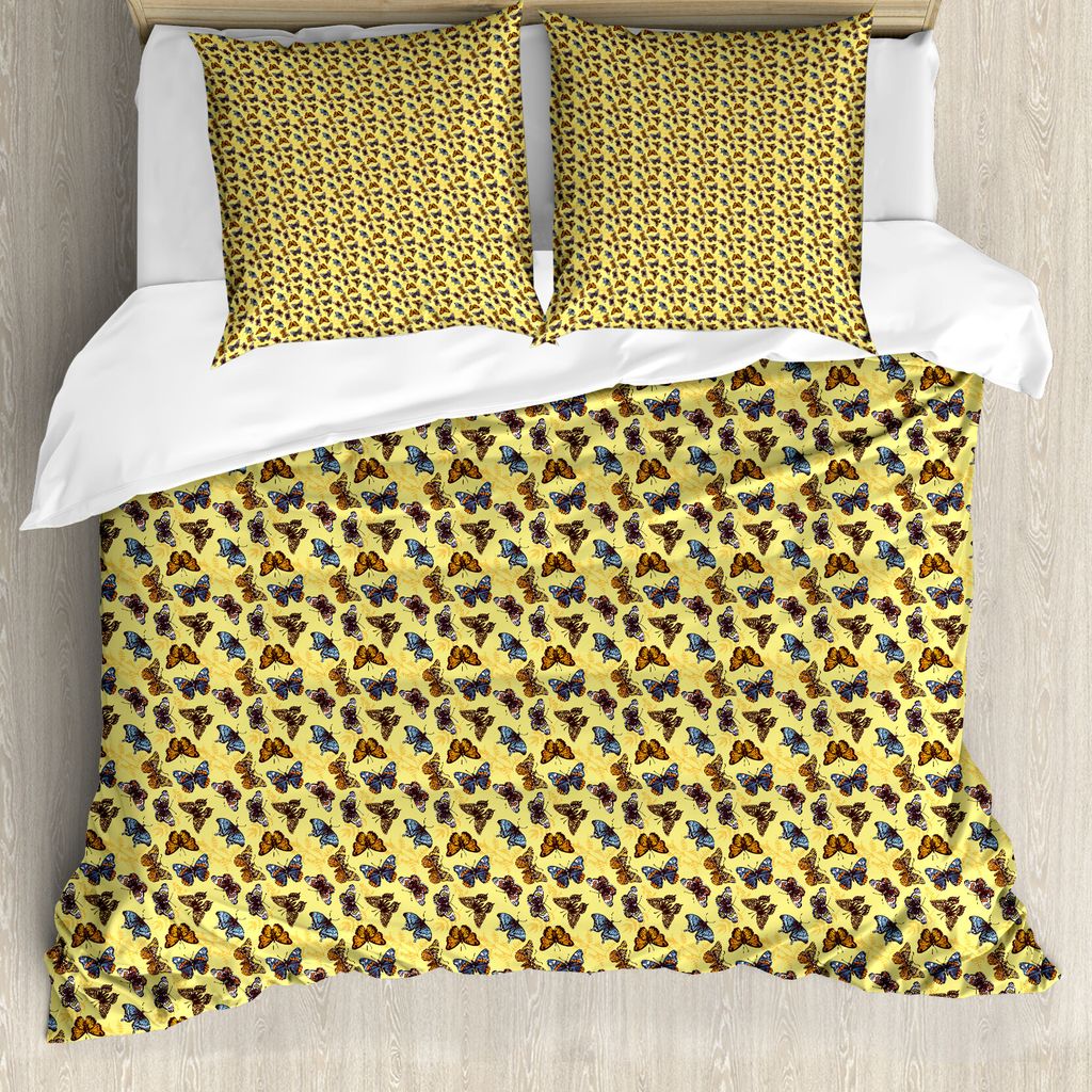 ABAKUHAUS Entomologie Bettbezug Set für Einzelbetten, detaillierte Schmetterlinge, Milbensicher Allergiker geeignet mit Kissenbezug, 155 cm x 220 ...