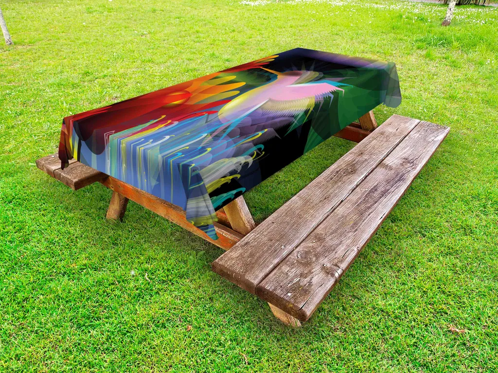 ABAKUHAUS Tovaglia artistica per esterni, fantasia digitale con un uccellino che beve il nettare dai fiori, grafica frattale, multicolore, 145x305 cm