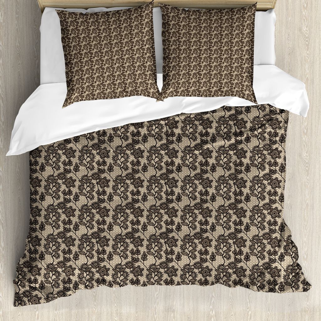 ABAKUHAUS Jahrgang Bettbezugs Set Für Doppelbetten, Blumen Doodle Blätter, Milbensicher Allergiker geeignet mit Kissenbezügen, Beige Braun