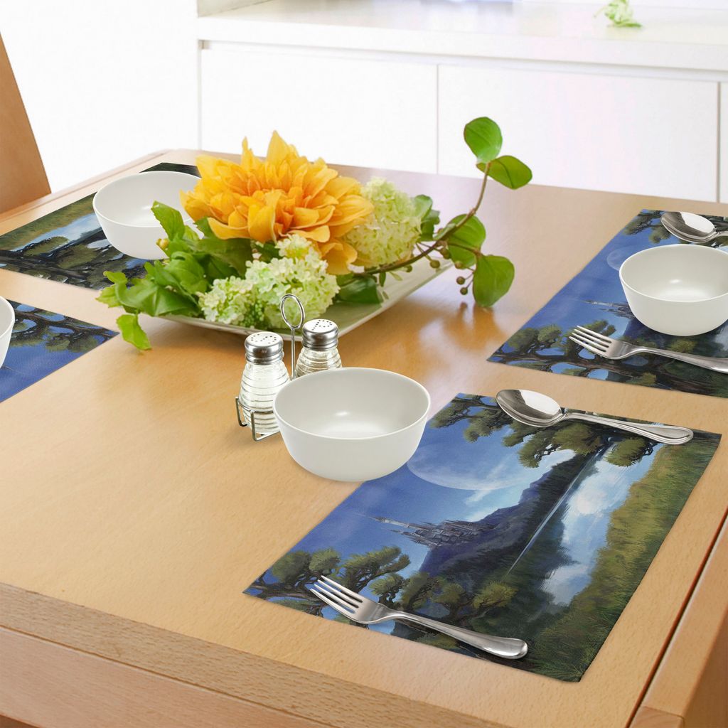 ABAKUHAUS Fantasie Platzmatten, Surreale Mondszene mit Riverside Lake Forest und mittelalterliche Burg auf Hill Art, Tiscjdeco aus Farbfesten Stoff...