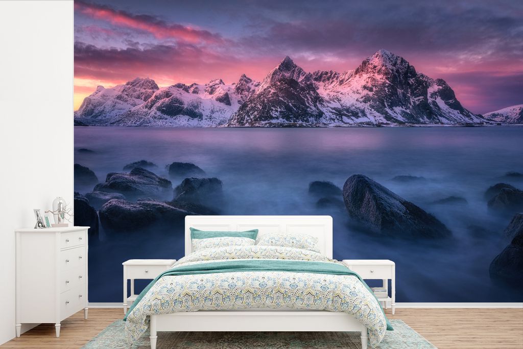 MuchoWow Fototapete für Wohnzimmer oder Schlafzimmer Wandtapete Vinyl Motivtapete Berge am Wasser - liegend - 450x300 cm - Gemusterte