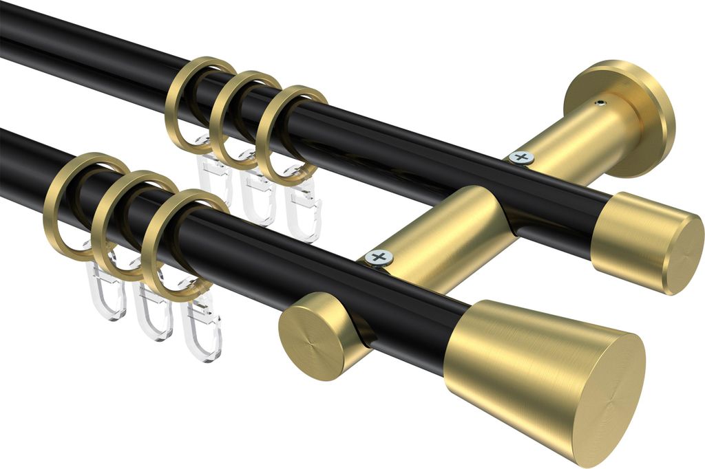 Interdeco Gardinenstange / Vorhangstange Schwarz / Messing-Optik, Typ Platon Sitra (Konus), 20 mm Ø 2-läufig, 100 cm