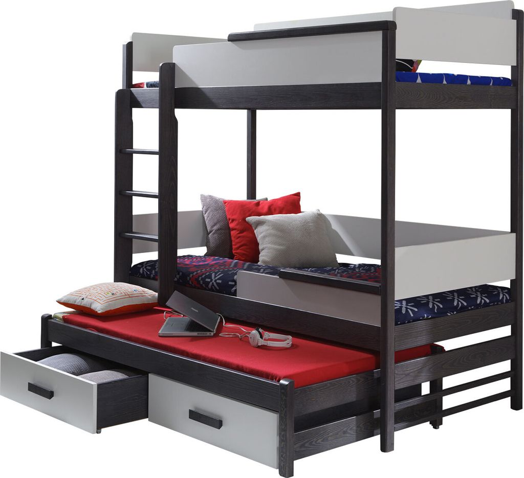 MIRJAN24 Etagenbett Quatro 180, Bett mit Bettschubladen, Jugendzimmer Möbel, Hochbett, Jugendbett (Graphit / Grau, Leiter Seite: Links)