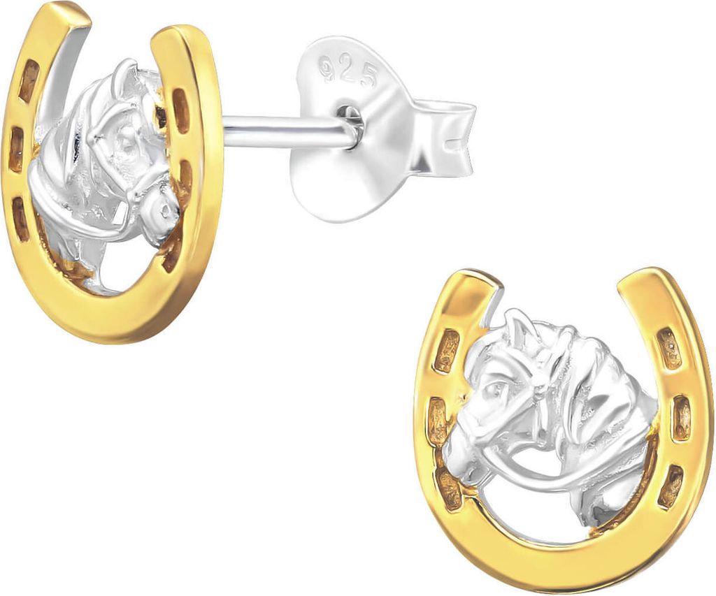 Hufeisen Ohrringe Ohrstecker 925 Sterling Silber mit Pferdekopf teilvergoldet