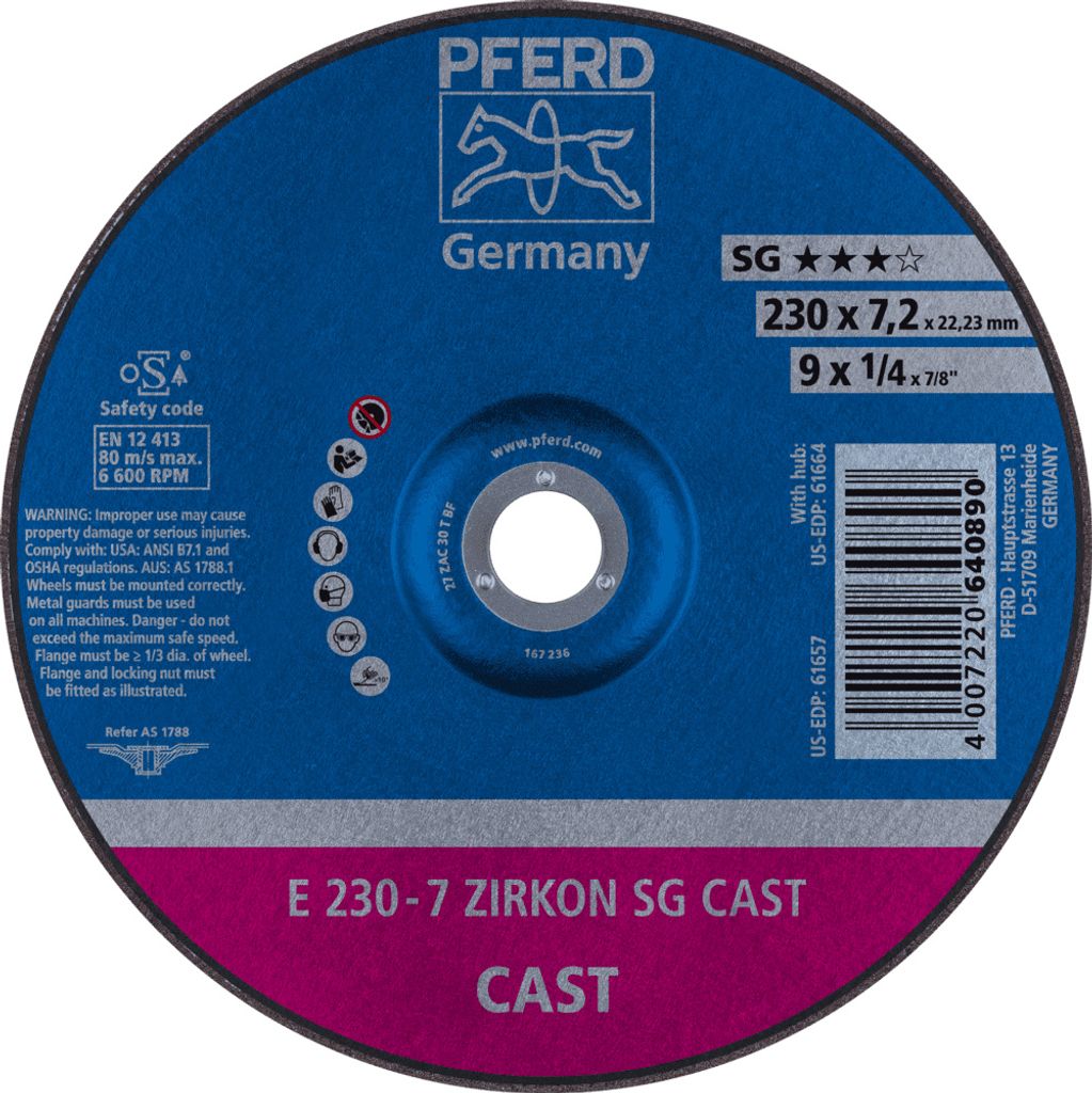 PFERD TOOLS Schruppscheibe E 230x7,2x22,23 mm ZIRKON Speziallinie SG CAST für Guss