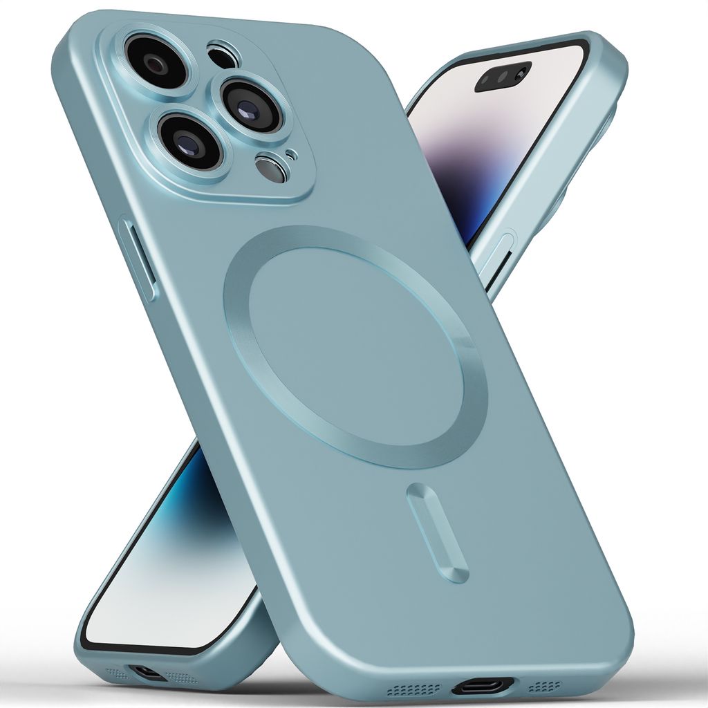 Hülle iPhone 16 15 14 13 Pro Max Plus mini MagSafe Case Dünn Metallic Kameraschutz Cover Handy Schutz Slim - Light Blue - iPhone 14 Plus